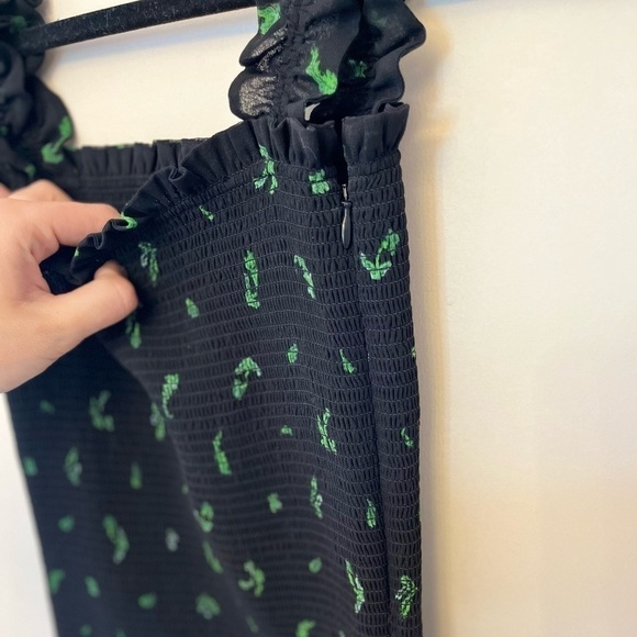 ARITZIA Wilfred Luella Smocked Strap Dress in Black and Leaf Print - Picture 7 of 10